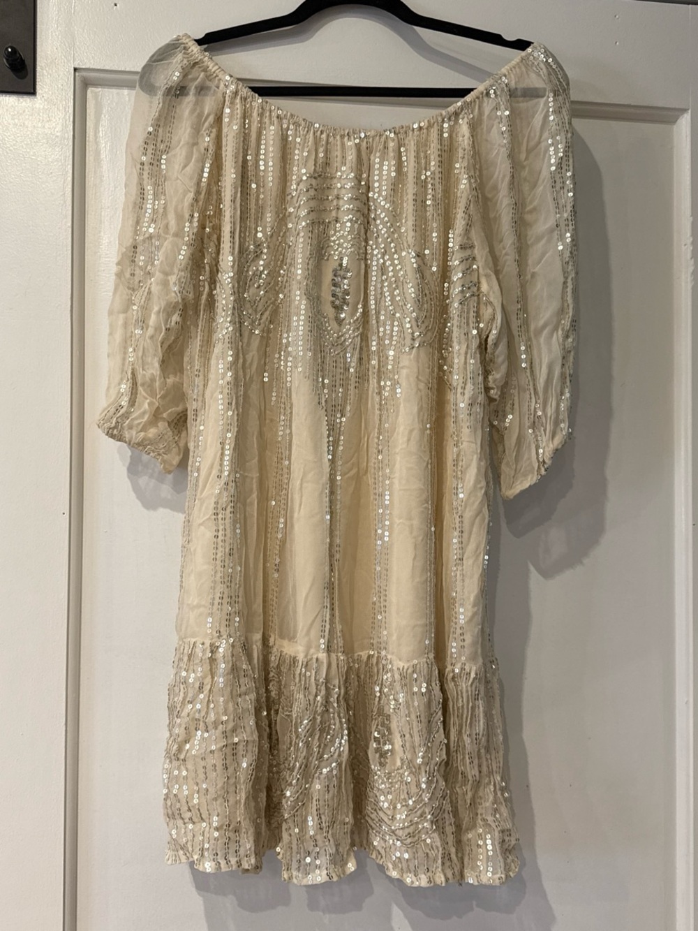 Beaded Cream Mini Dress - Elegant Off-Shoulder Style